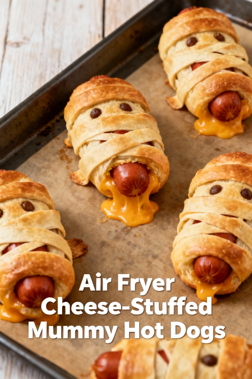 Air Fryer Cheese-Stuffed Mummy Hot Dogs